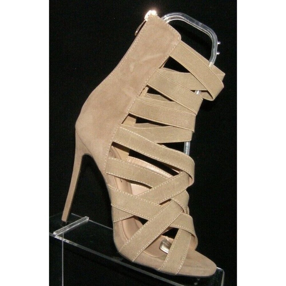 So Me Bliss tan taupe cross strap strappy caged rear zip sandal heels 8